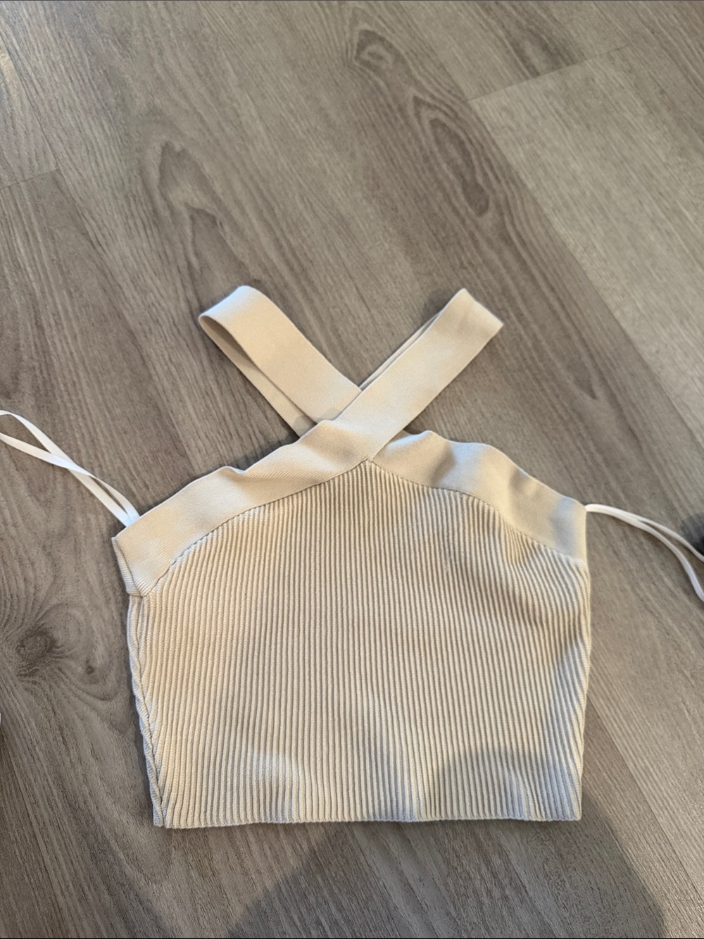 Babaton Cream Ribbed Cross-Back Crop Top